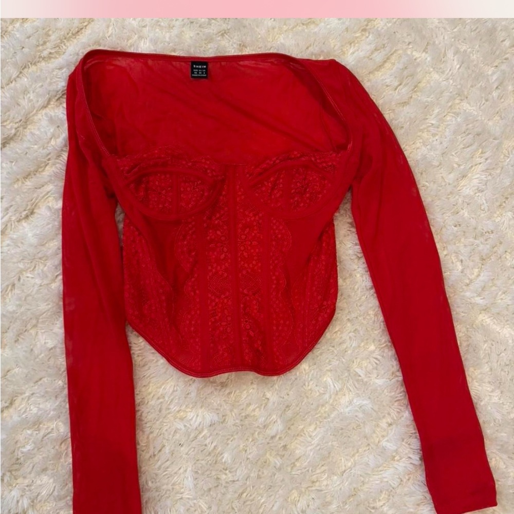 SHEIN Vibrant Red Lace Long Sleeve Top